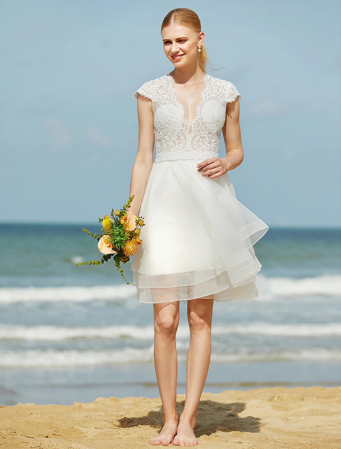 Luolandi Wedding Dresses A-Line V Neck Sleeveless Knee Length Tulle Bridal Gowns With Ribbon Beading